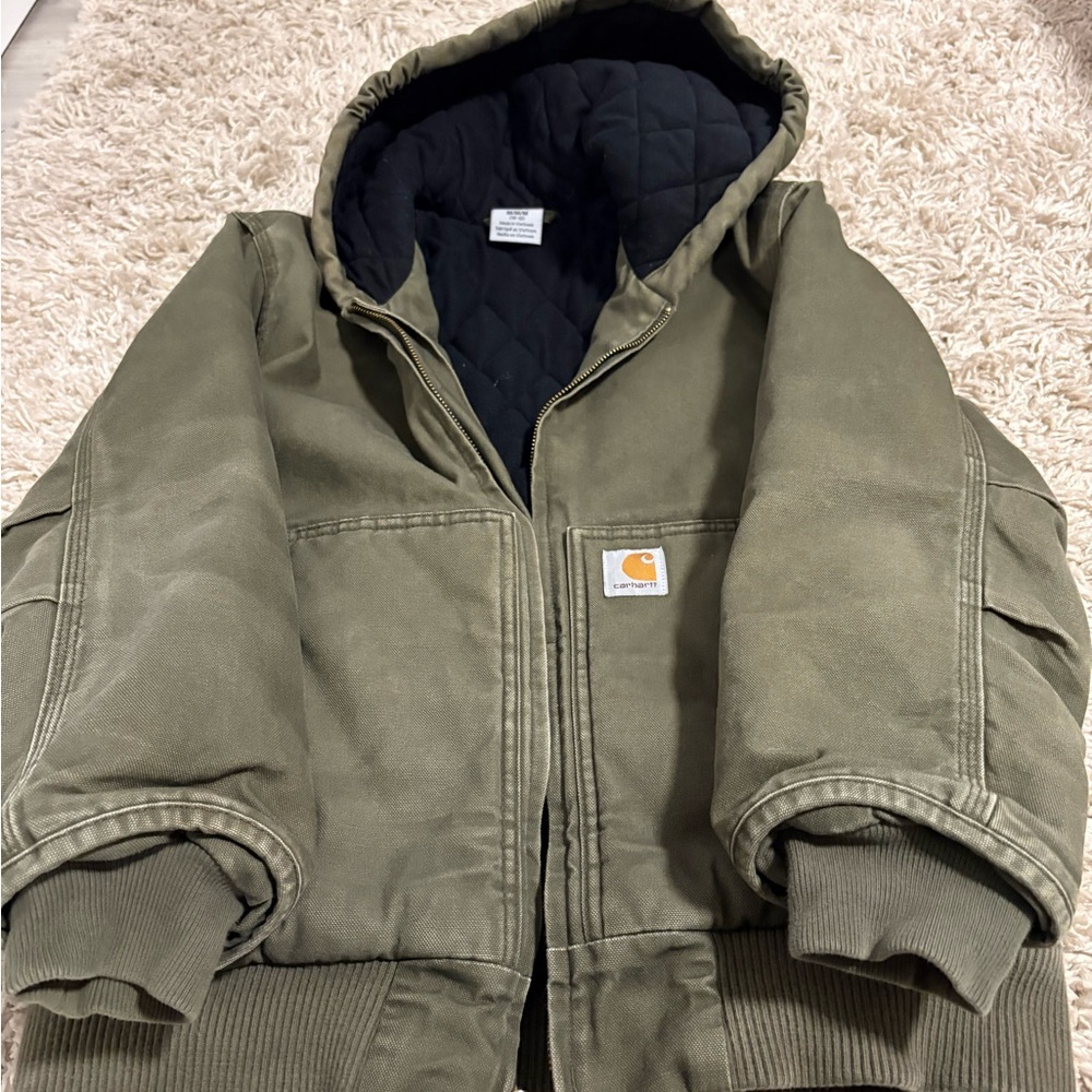 Carhartt Olive Green Hooded Quilt-Lined Canvas Jacket, size Youth medium, EUC